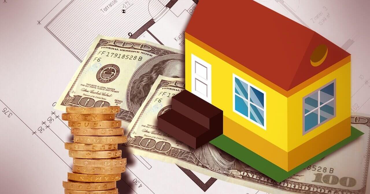 montage of images, pile of coins, dollars and model house