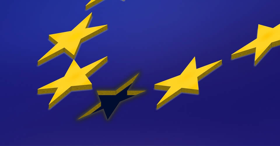 the EU flag with one missing star to represent Brexit